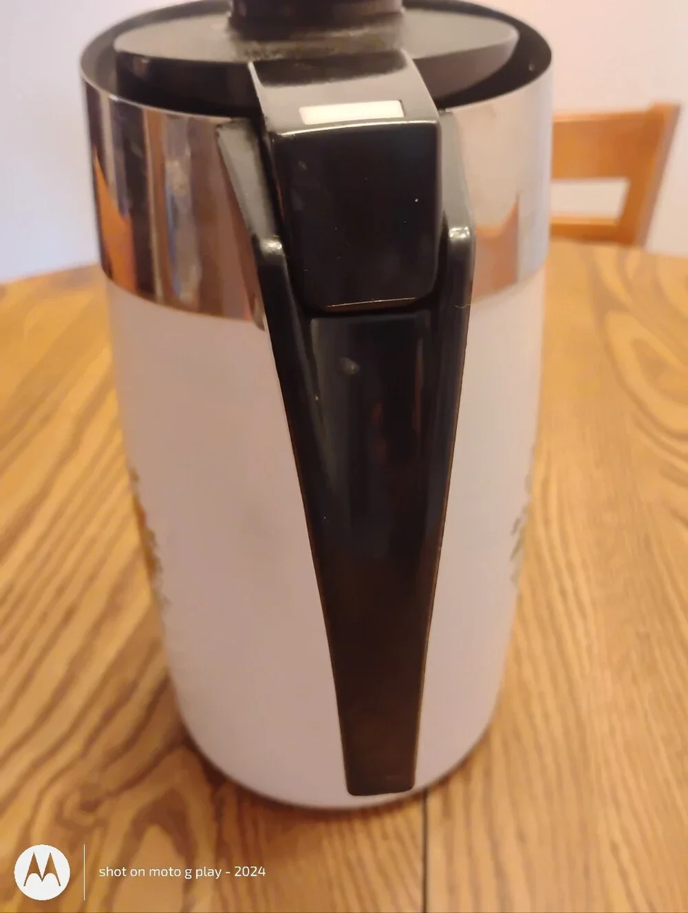 Corningware White Coffee Carafe with Black Handle and Chrome Top Band